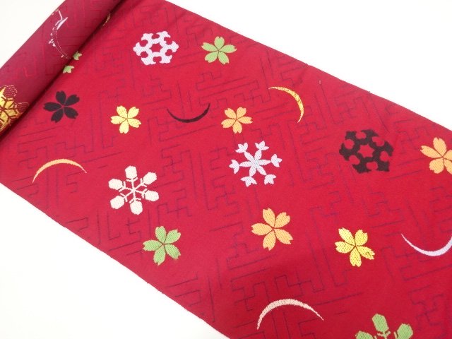 JAPANESE KIMONO / ANTIQUE BOLT FOR OBIGAWA / WOVEN SETSUGEKKA PATTERN